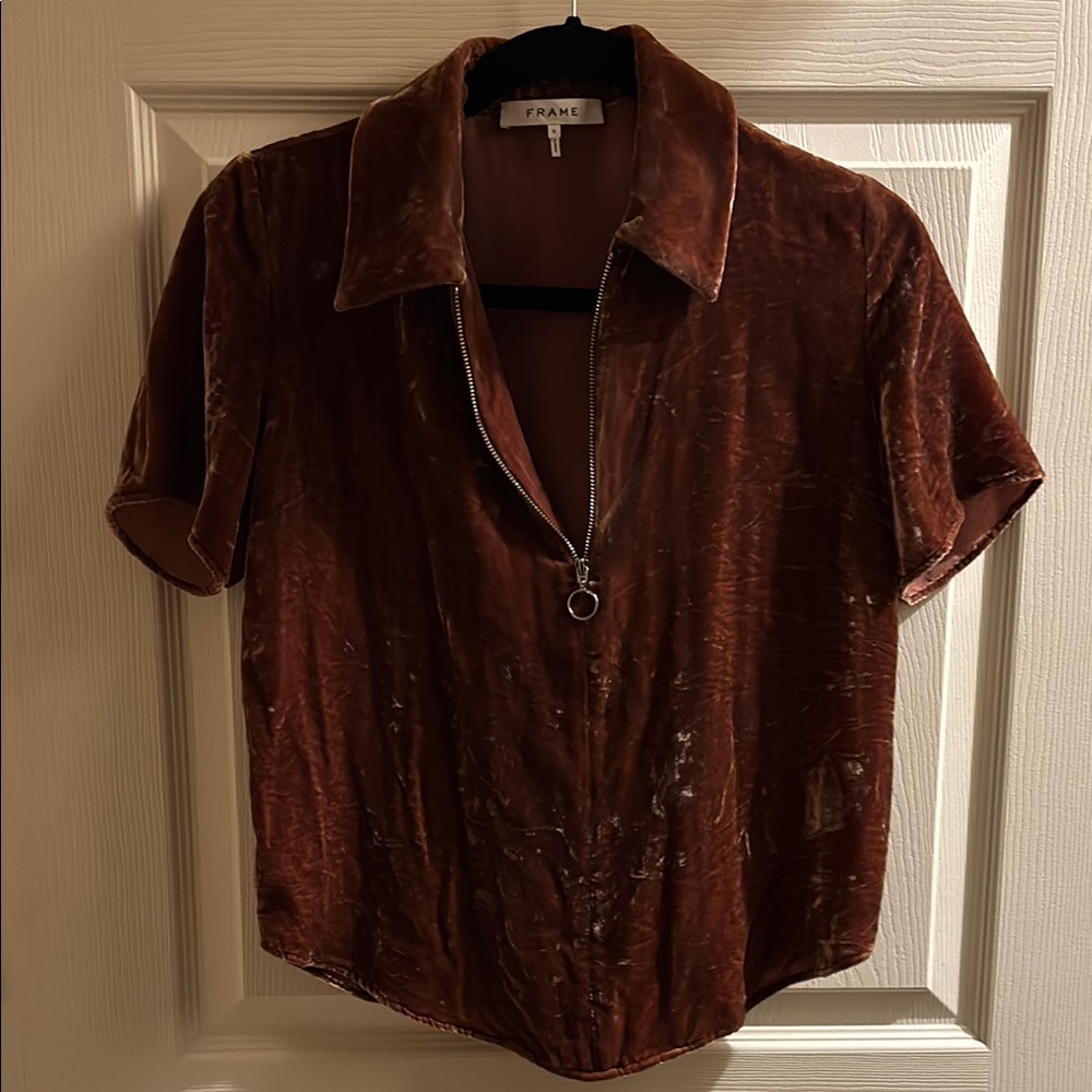 FRAME Denim Velvet Zip-Front Blouse – Collared Short Sleeve Top – Sz Small